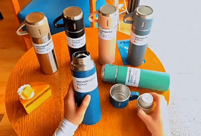 Set Termo Y Tres Tazas De Acero Inoxi