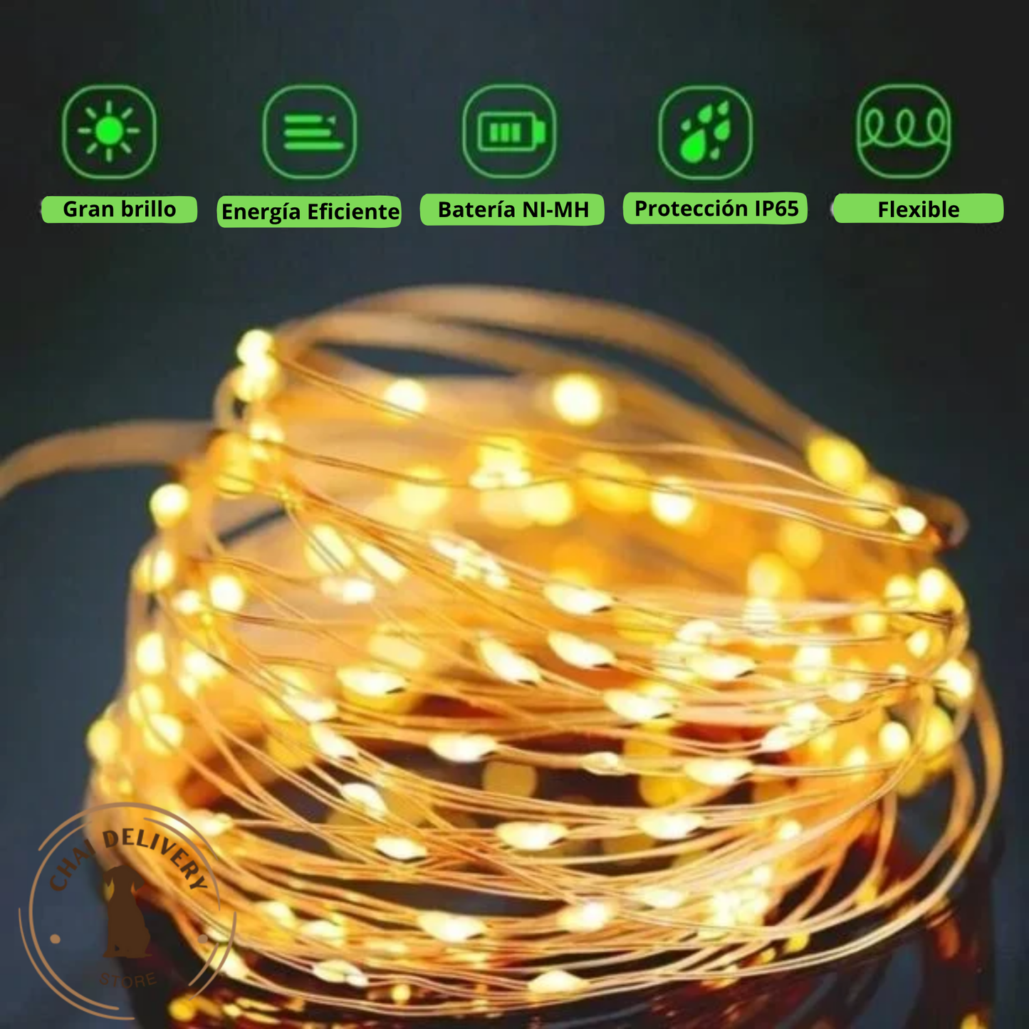 CADENA LUCES SOLARES (DORADA) 100 LED 10 METROS