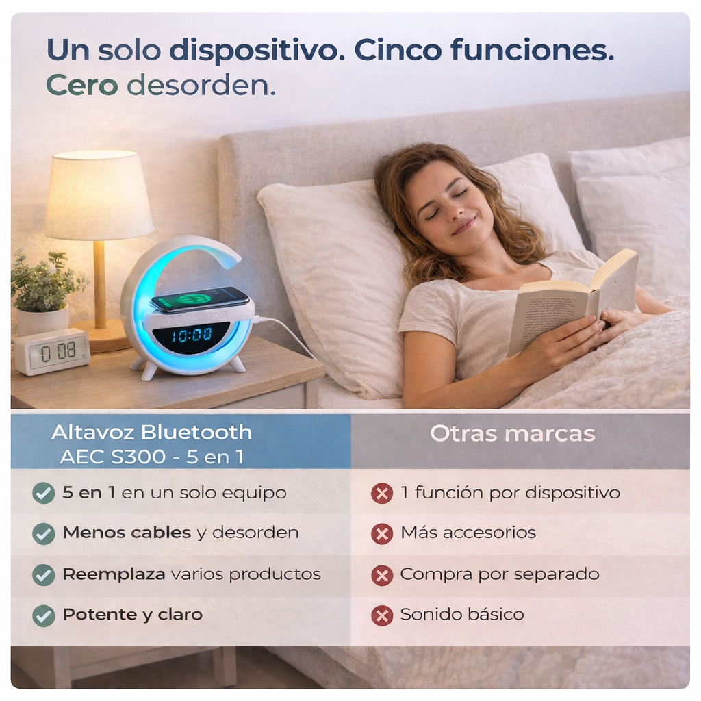 ALTAVOZ BLUETOOTH 5 en 1 🔊⏰📱 Sonido, carga inalámbrica y orden en un solo dispositivo
