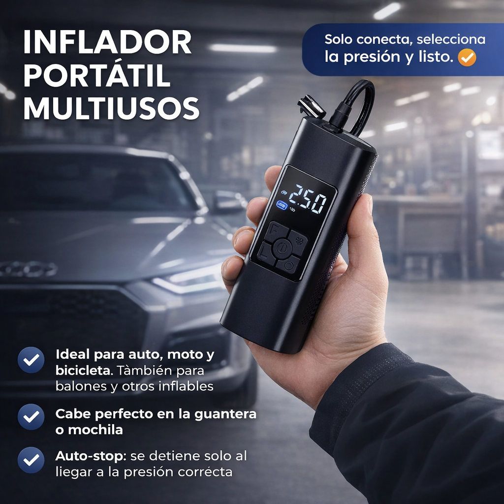INFLADOR PORTÁTIL MULTIUSOS – Nunca Más Quedes Tirado en la Ruta ⚡🛞