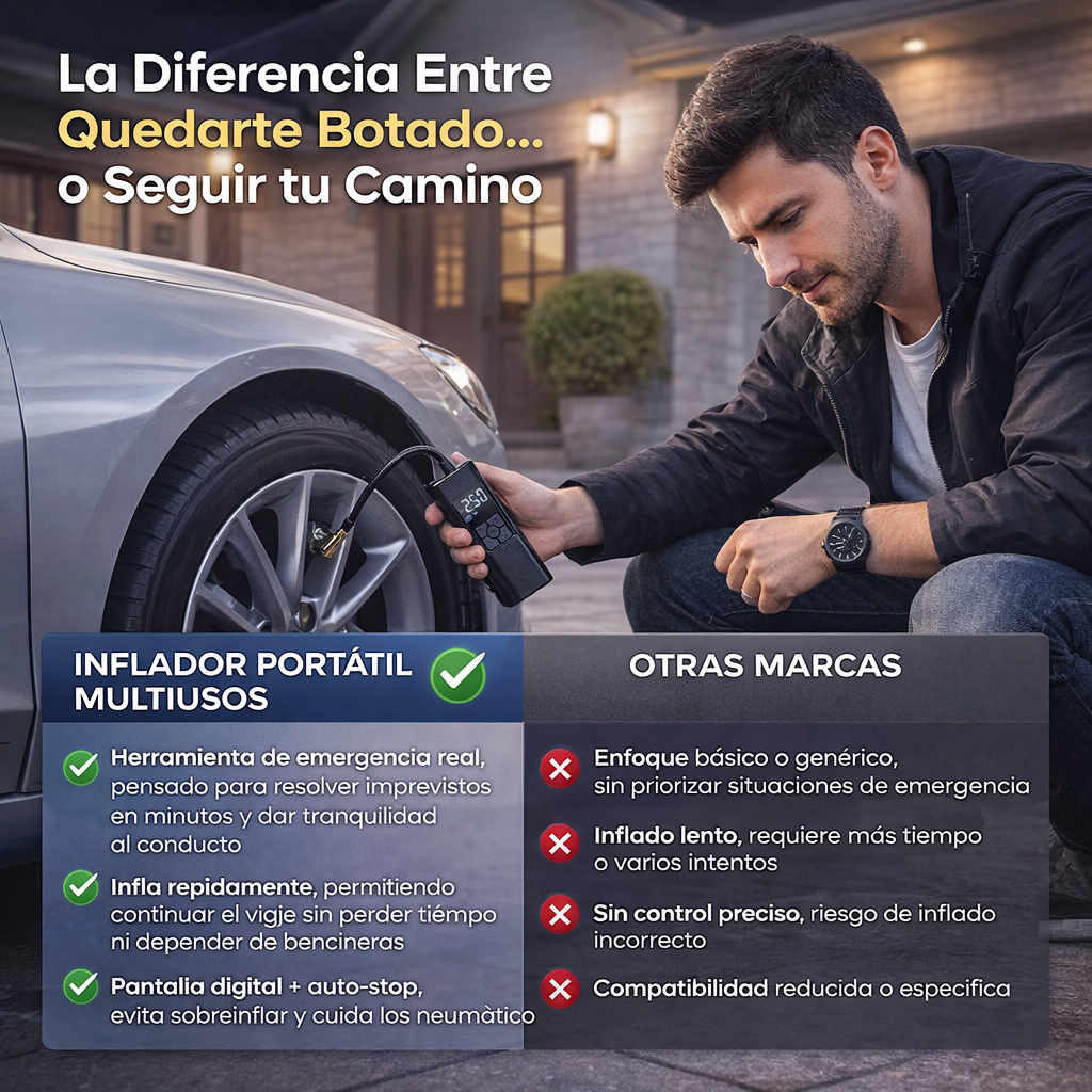 INFLADOR PORTÁTIL MULTIUSOS – Nunca Más Quedes Tirado en la Ruta ⚡🛞